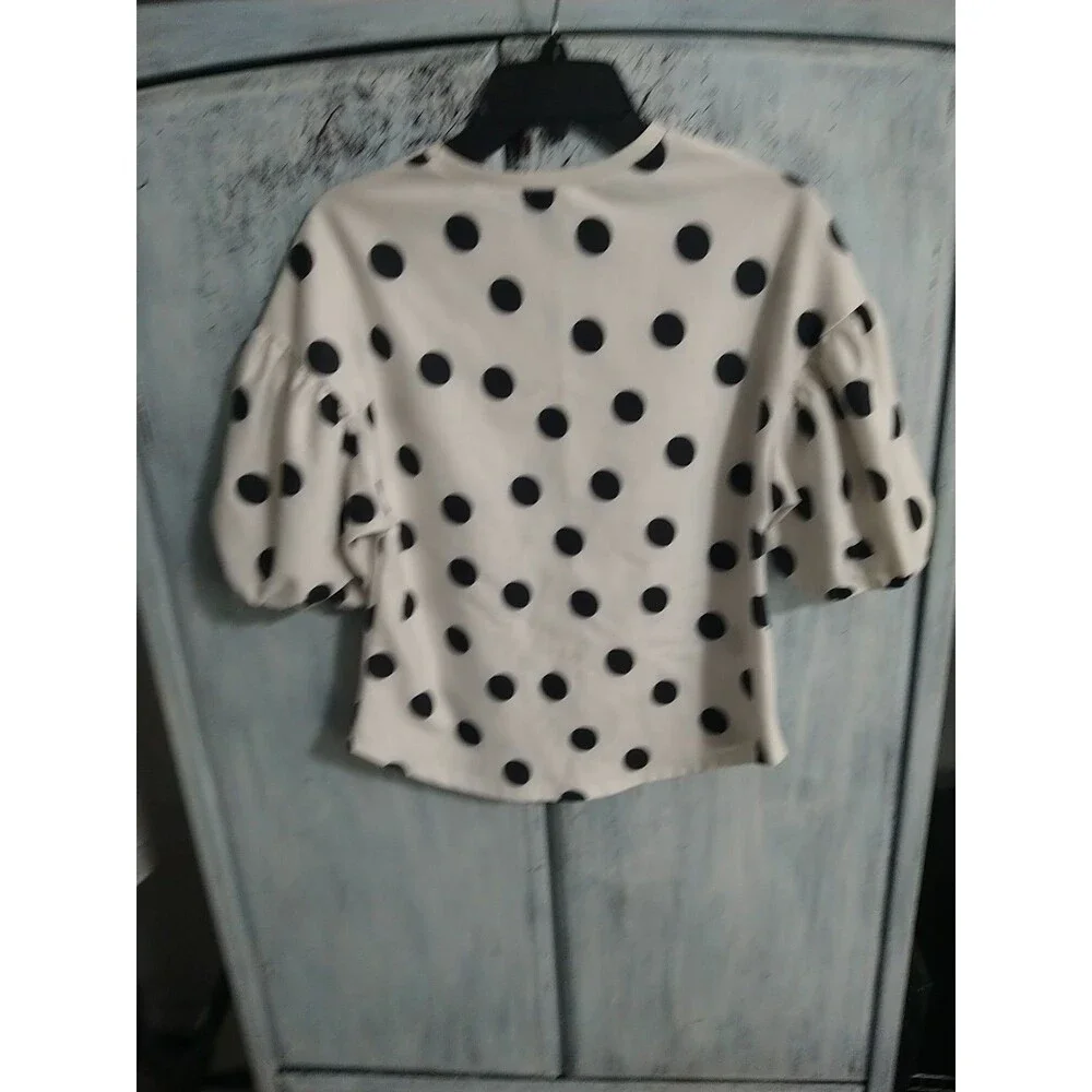 Zara Cream Blouse with Black Polka Dots and Puff Sleeves